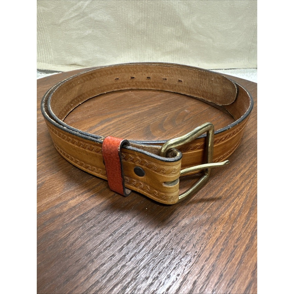 vintage 40 Western leather belt Saddle TanRed Keeper Loop Brass Toned Buckle
